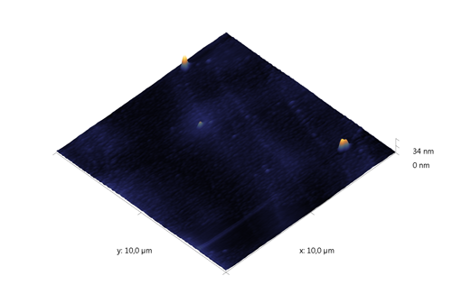 Indium phosphide (InP) on sapphire surface. AFM image. Semi-contact mode. Topography 3D.